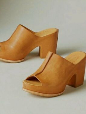Kork Ease 10 Leather Peep Toe Platform Slide Heels Boho Neutral Scandi Comfy
